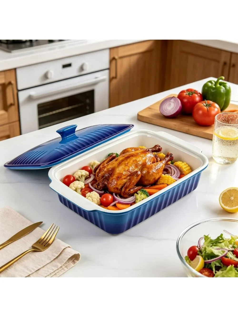 Large 5.5 Quart Ceramic Baking Dish with Lid, 13.5x9 Lasagna Pan, Microwave